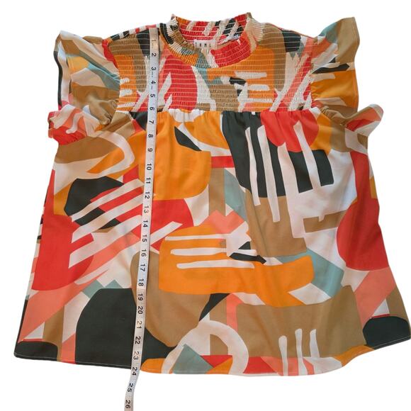 THML Anthropologie Blouse sz Large, Smocked, Flutter Sleeves, Bright Print - Picture 7 of 8